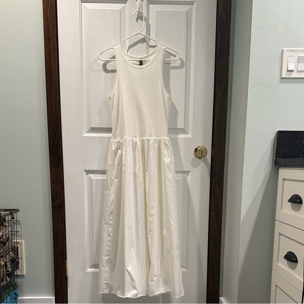 Divided White Poplin Skirt Ribbed Tank Sleeveless Midi Dress